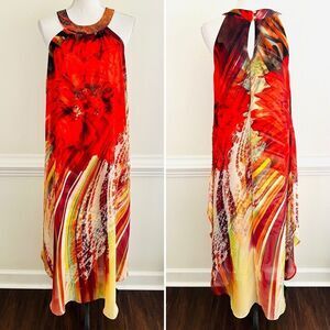 🎉Clearance🎉Cato Red Long Flowy Beaded Layered Chiffon Summer Dress Small
